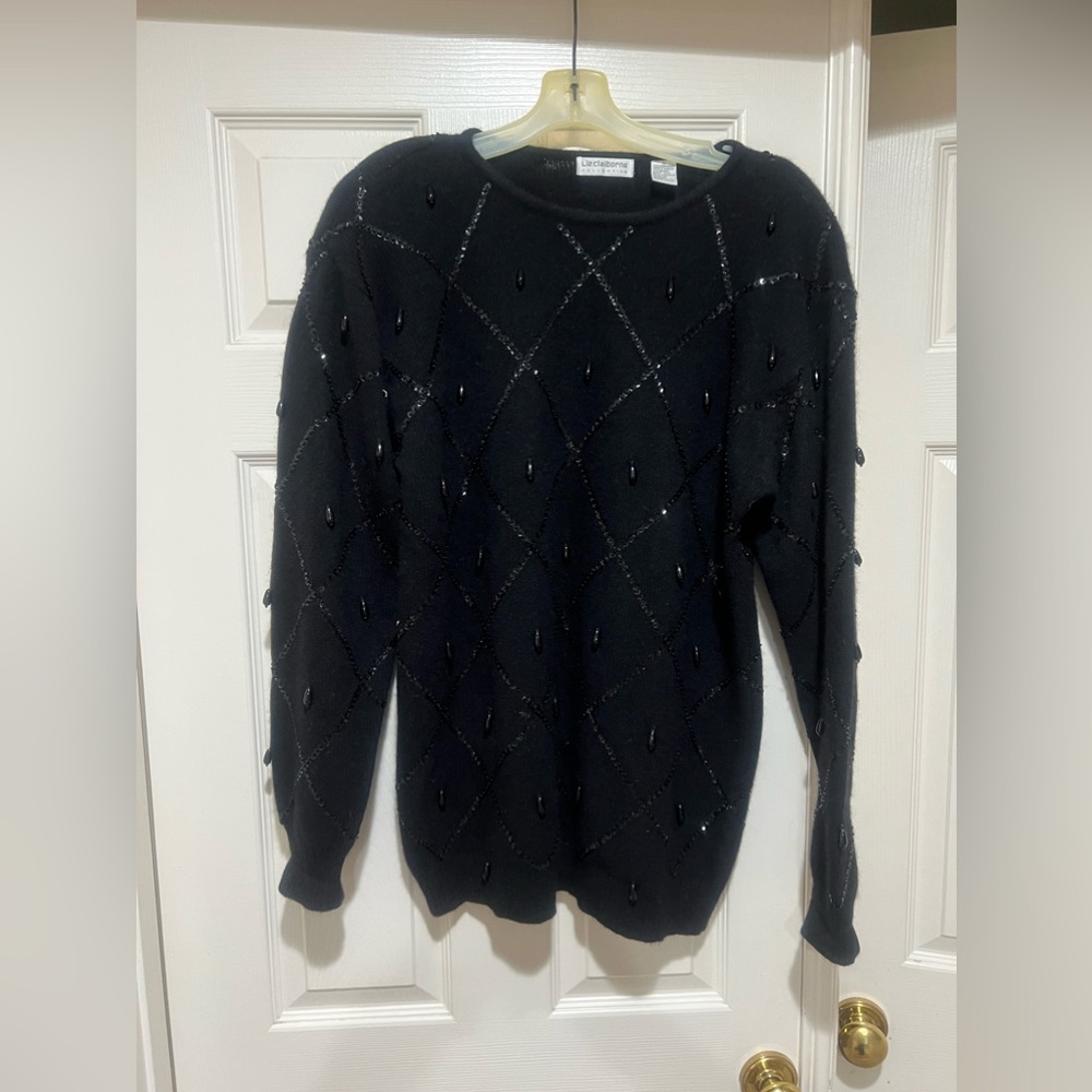 Vintage Beaded Sequins Lambswool &‎ Angora Wool knit Black Sweater medium